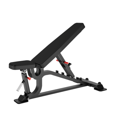 Adjustable Insight Fitness Flat / Incline / Decline Bench - DH029 bench designed for use in various positions (flat, incline, decline) with a black frame and red accents.